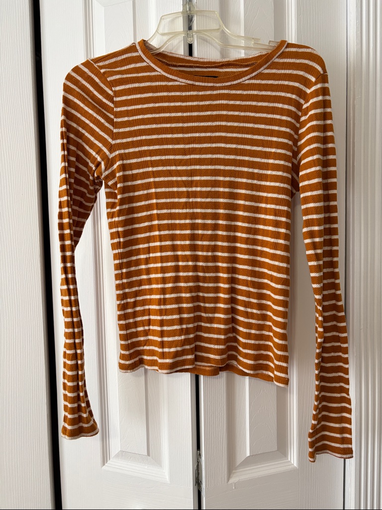 American Eagle Outfitters Striped Ribbed Long-Sleeve Top - Rust & White